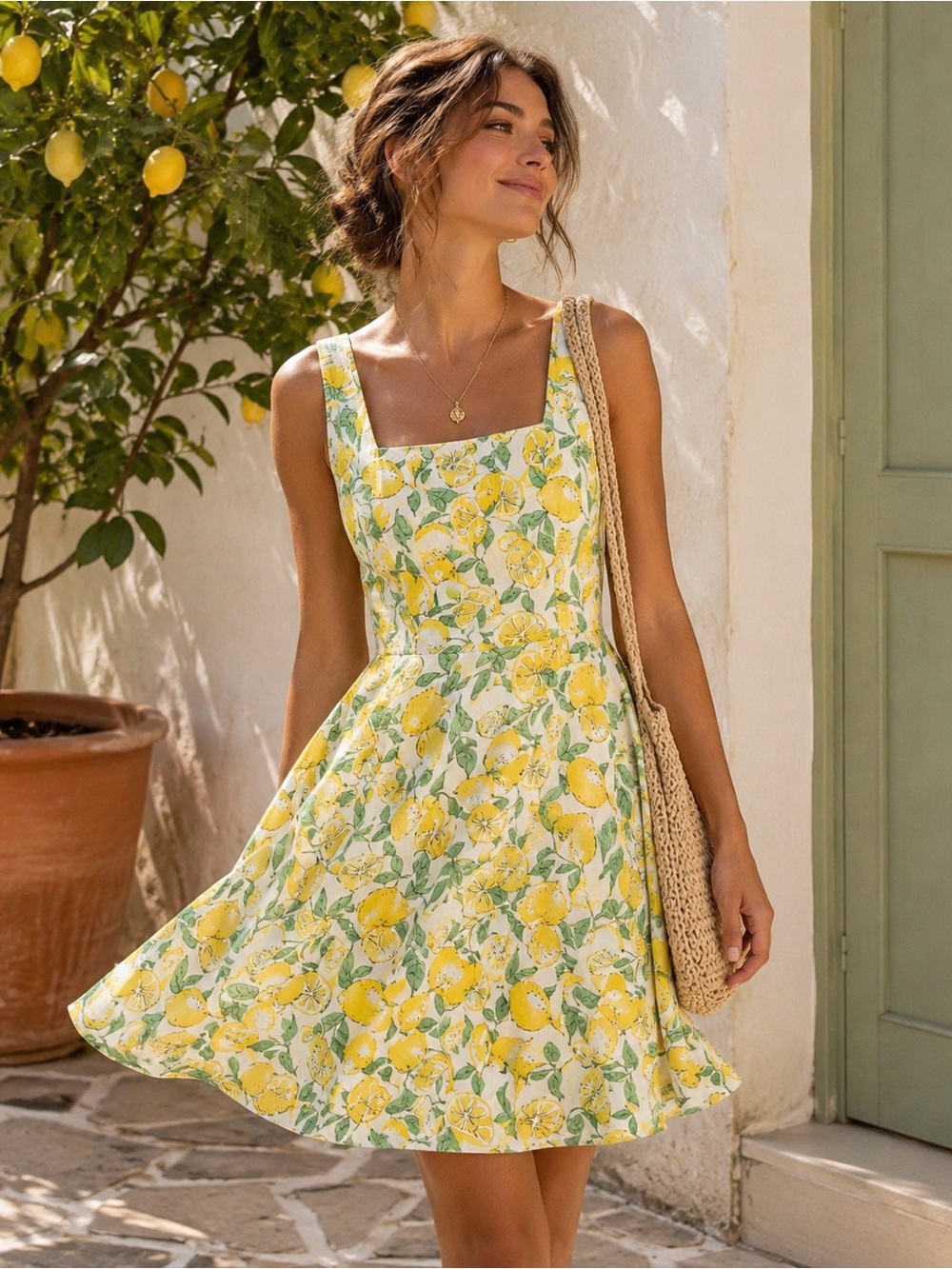 GAP Lemon Print Linen Blend Sundress Size L Petite